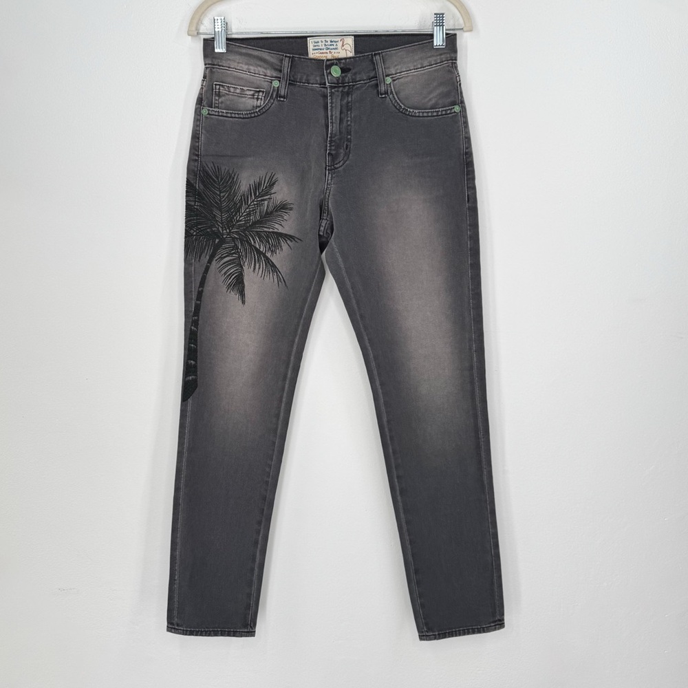 Sandrine Rose Dark Grey Skinny Jeans Embroidered Palm Tree Flamingo Women’s 24